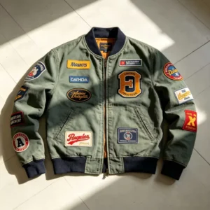 OEM Retro Workwear Bomber Jacket Full Vintage Multi Patches Flying Jacket Full Zip Closure Washed Streetwear Casual Jacket
