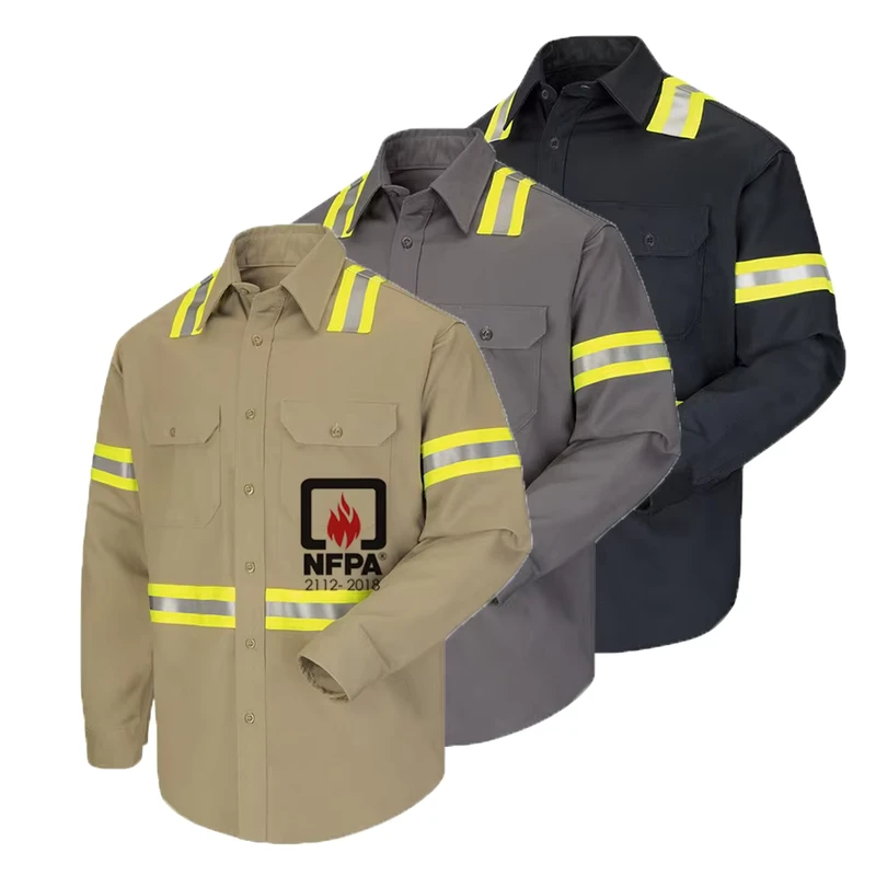 OEM Safety Uniform 88 Cotton 12 Nylon Flame Resistant Shirt With Reflective Tape