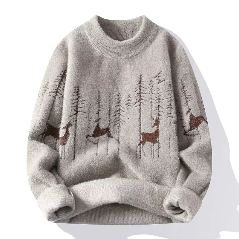 OMG Men's Christmas Polyester Fleece Pullover Sweater Thickened Loose Knit Thermal Base Layer Trendy Neck Breathable Front OEM