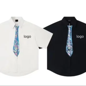 OUCHEN High Quality Breathable Summer Unisex Short Sleeve Shirt 100% Cotton Single Breasted with Front Signature Font Graffiti