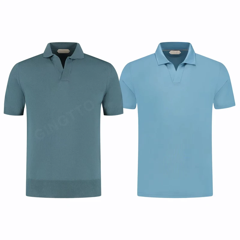 Old Money Mercerized Cotton Johnny Collar Polo Men Textured Rib Knit No Button V Neck Quiet Luxury Knitted Polo Shirt