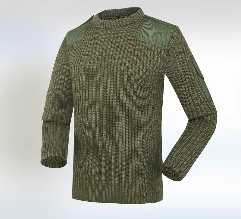 Olive Green Long-Sleeve O-Neck Wool Tactical Sweater with Reinforced Patches for Field Operations