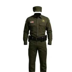 Olive Security Guard Uniform Set with Shirt Pants Belt & Cap Polyester Cotton Coat Style