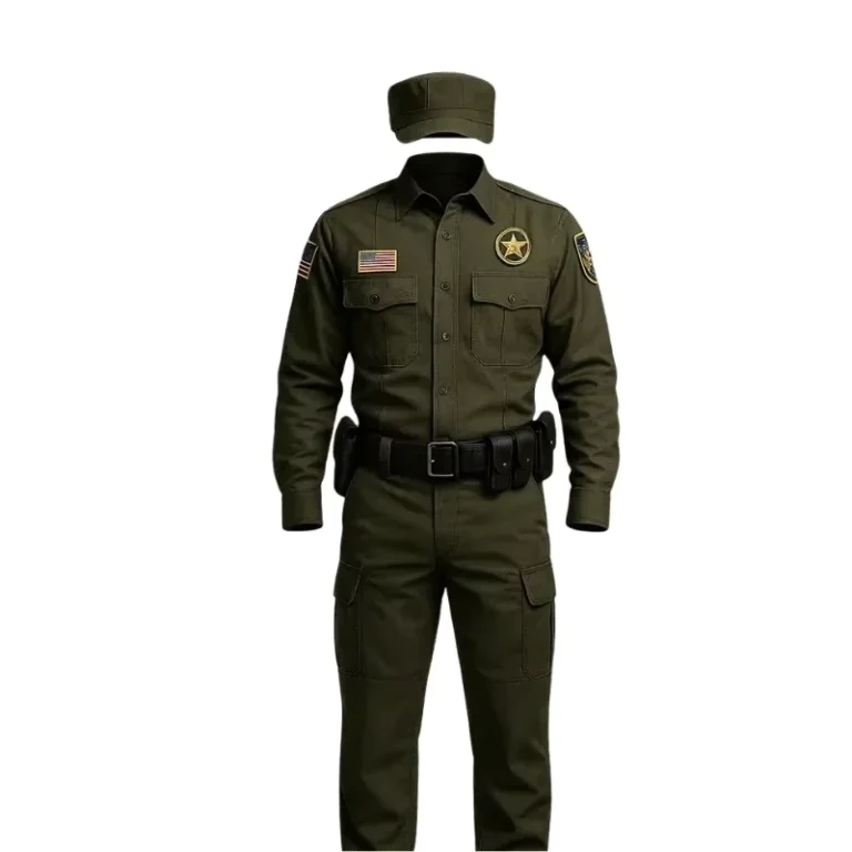 Olive-Security-Guard-Uniform-Set-with-Shirt-Pants-Belt-Cap-Polyester-Cotton-Coat-Style