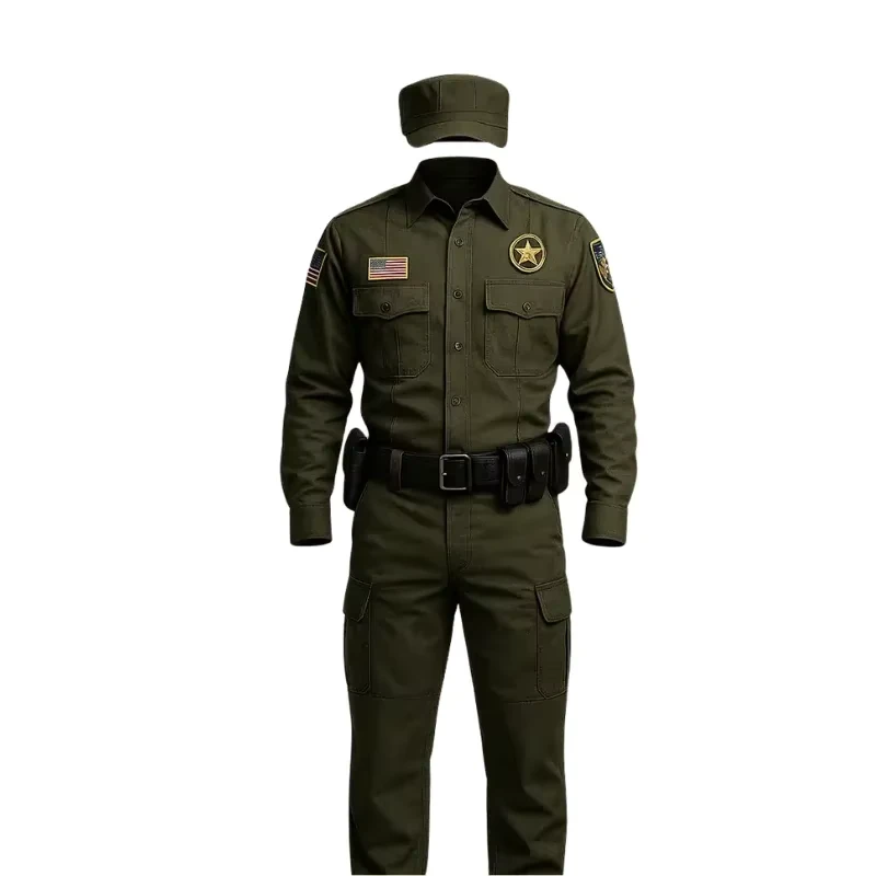 Olive Security Guard Uniform Set with Shirt Pants Belt & Cap Polyester Cotton Coat Style