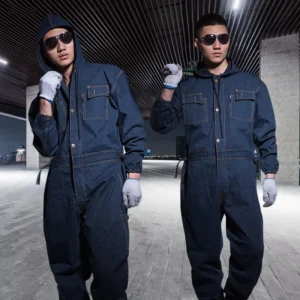 One Piece Denim Breathable Workwear Coverall Anti Dirty Hooded Labor Protection Clothes for Welding Auto Repair Mechanics Unisex
