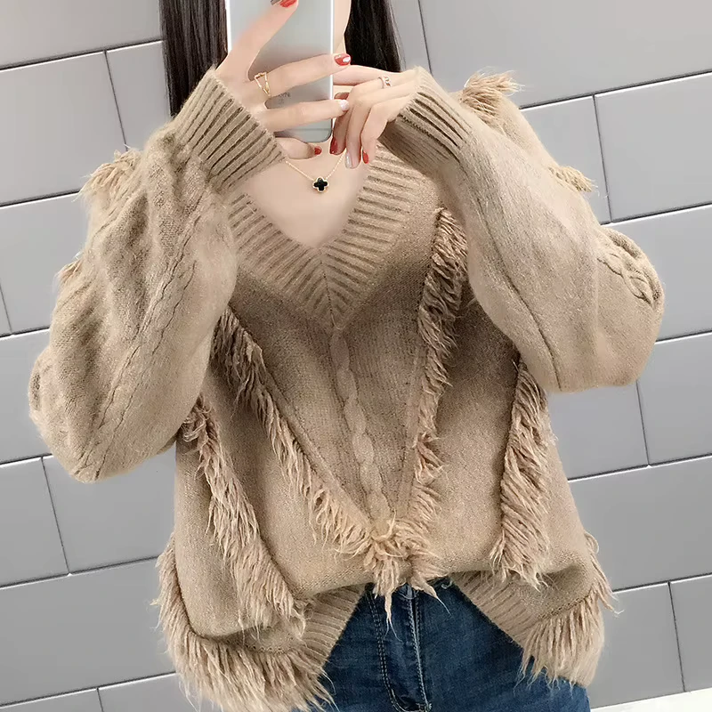 One Size Spring And Autumn V neck Fringe In Style Loose Sweater With Knitted Women's Bottoming Shirt Pullovers