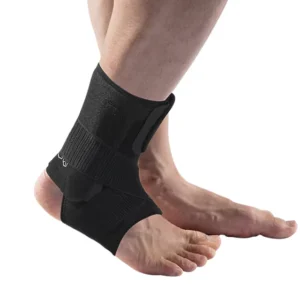 Open-Heel Compression Ankle Brace With Two-Sided Stabilizers and Straps