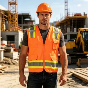 Orange Heavy Duty Class 2 Reflective Safety Vest with Zipper Front and Multiple Pockets for Construction