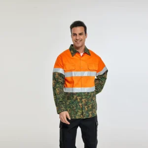 Orange and Green Color Block Koala and Leaf Pattern ANSI Class 3 High Visibility Reflective Plus Size Long Sleeve Work Shirt