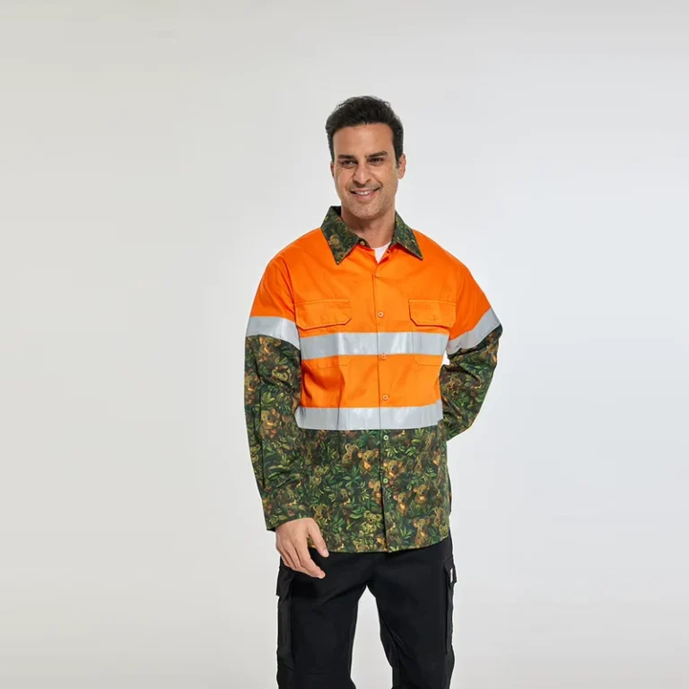 Orange-and-Green-Color-Block-Koala-and-Leaf-Pattern-ANSI-Class-3-High-Visibility-Reflective-Plus-Size-Long-Sleeve-Work-Shirt