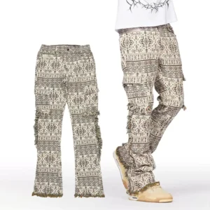 Organic Cotton Woven Tapestry Details Denim Pants Streetwear Style Frayed Hems Stacked Flared Leg Tapestry Pants