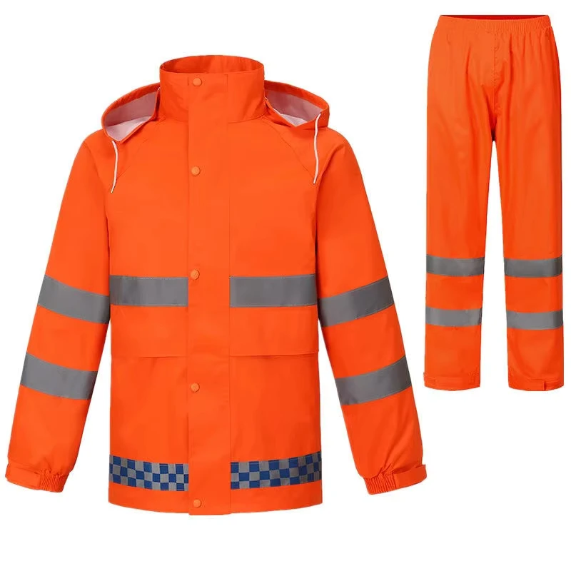 Outdoor Hiking Oxford Waterproof Windproof Reusable Raincoat with High Reflective Strips Hi Vis Fluorescent Color Safety Set