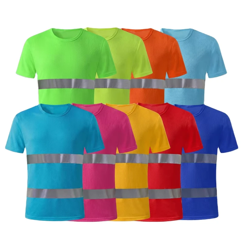 Outdoor Safety Polo Shirt Fluorescent Reflective Strips Breathable Quick-Dry Workwear Round Neck