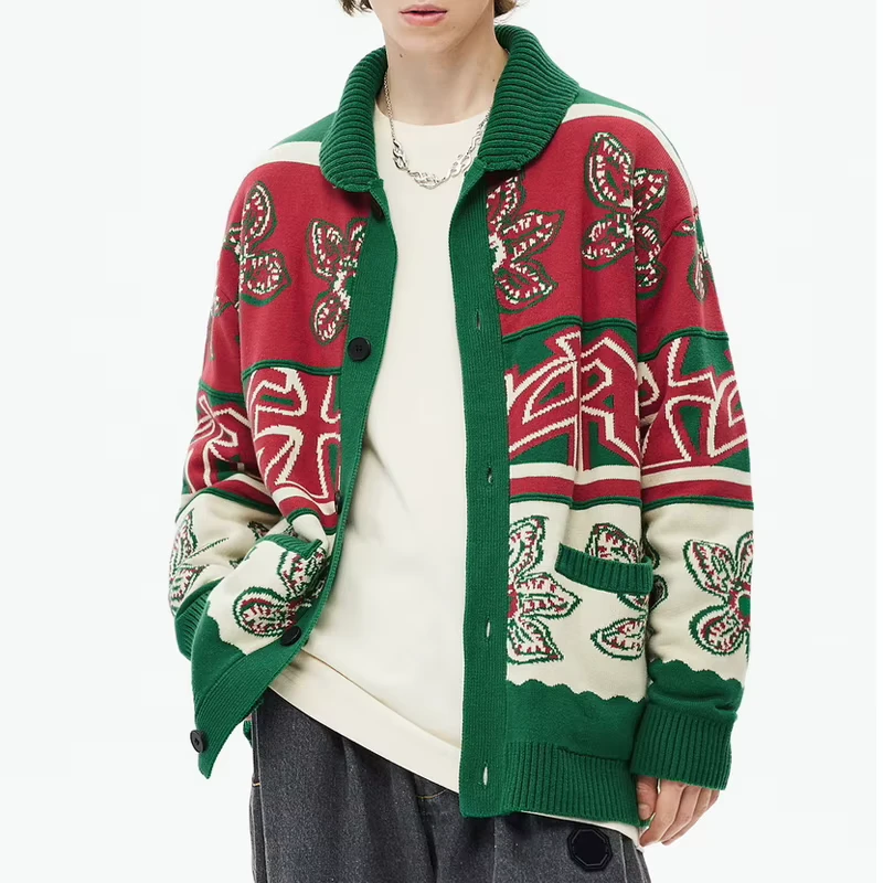 Oversize Lapel Jacquard Knitted Cardigan for Men Custom Cardigan Sweater Men Custom logo Coatcustom Knit Sweater Streetwear
