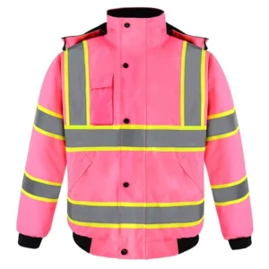 Oxford Fabric Winter Warm Pink Reflective Safety Jacket Elastic Cuff and Hem Flexible Hi Vis Safety Jacket with Detachable Hood