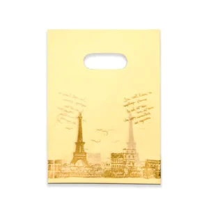Paris Eiffel Tower Plastic Shopping Bags with Handles, Gold Sketch, Travel-Themed Gift Bags