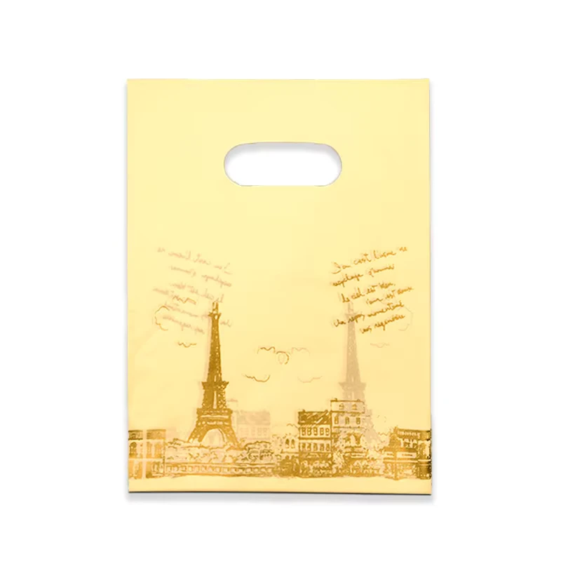 Paris Eiffel Tower Plastic Shopping Bags with Handles, Gold Sketch, Travel-Themed Gift Bags
