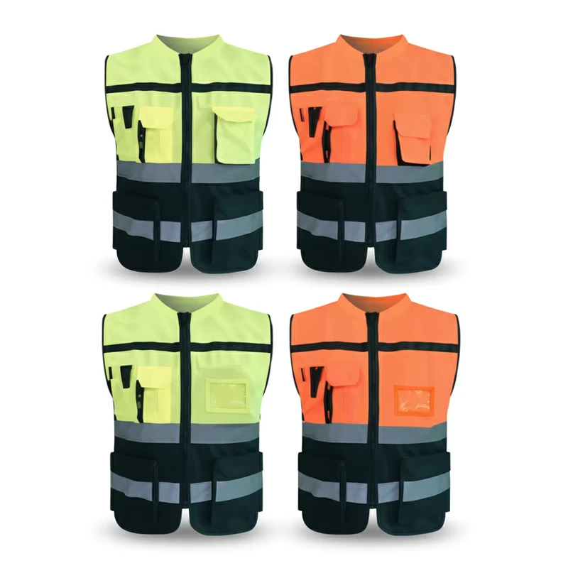 Patchwork Hi-Vis Reflective Safety Vest with Pockets for Men's Industrial Construction and Surveying Work
