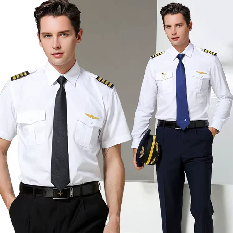 Pilot-Flight-Attendant-Male-Captain-Uniform-Property-Security-Work-Clothes-50-Polyester-Cotton-White-Shirt