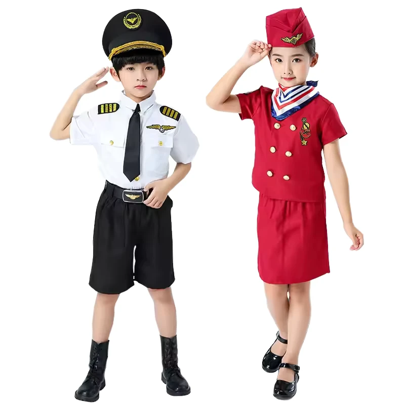 Pilot Stewardess Cosplay Uniform Suit Halloween Aircraft Captain Children's Polyester Unisex