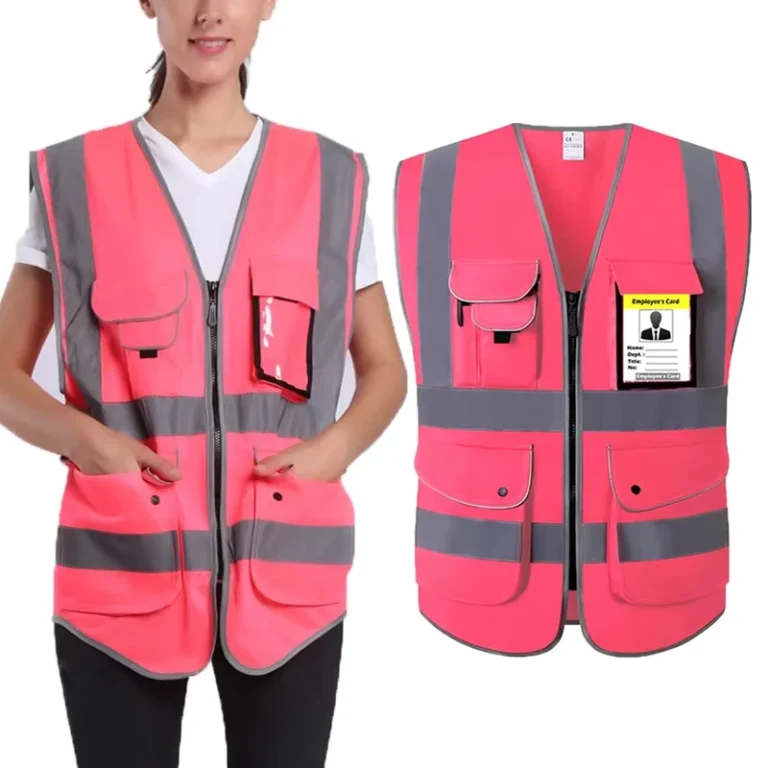 Pink-Safety-Vest-for-Women-and-Men-with-Multi-Pockets-Zipper-Front-Hi-Vis-Workwear