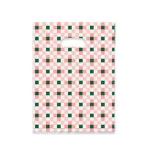 Pink and Green Checkerboard Plastic Shopping Bags with Die-Cut Handles, Retro Plaid