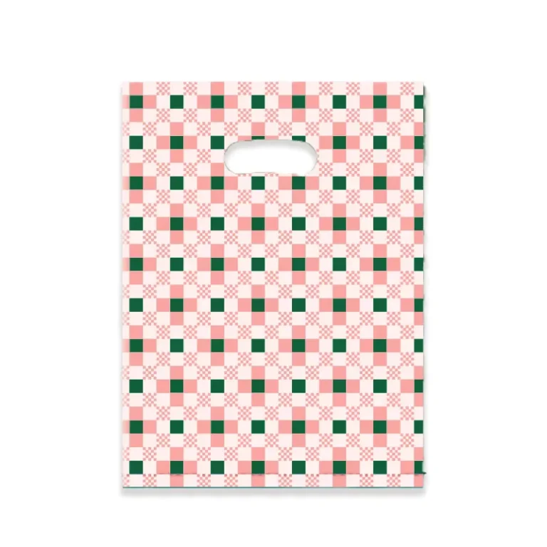 Pink-and-Green-Checkerboard-Plastic-Shopping-Bags-with-Die-Cut-Handles-Retro-Plaid