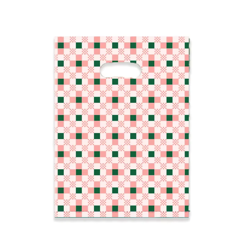 Pink and Green Checkerboard Plastic Shopping Bags with Die-Cut Handles, Retro Plaid