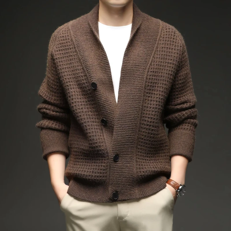 Plaid American Style Cardigan Sweater for Men Autumn Winter Thickened Warm Single Breasted Youth Casual Layering Outwear