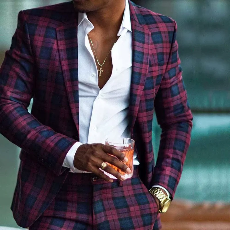 Plaid Wedding Tuxedos Slim Fit 2 Pieces Mens Suit Custom Made One Button Peaked Lapel Blazer (Jacket+Pant)