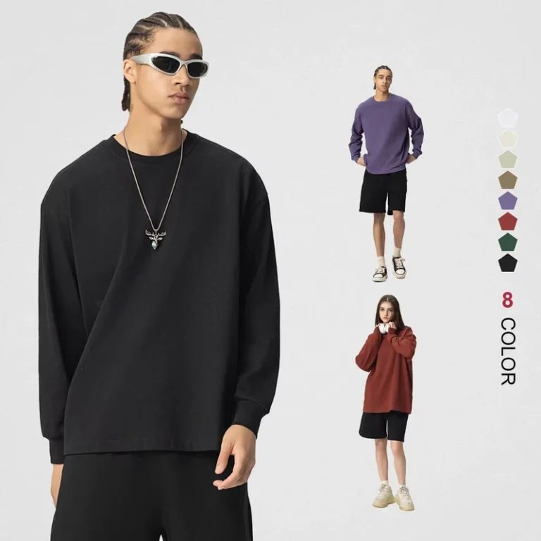 Plain-Unisex-305GSM-100-Cotton-Oversized-Drop-Shoulder-Long-Sleeve-Round-Neck-Tee-Custom-Logo-T-Shirt