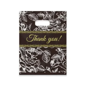 Plastic Thank You Bags, Black Floral Print, Handles, Boutique Retail Gift Bags