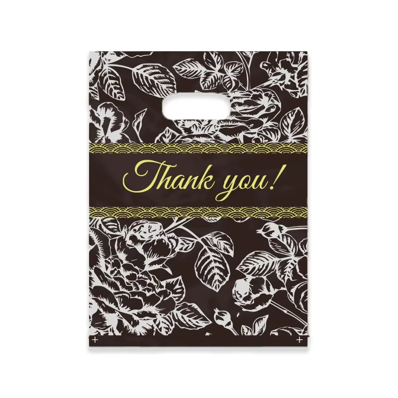 Plastic Thank You Bags, Black Floral Print, Handles, Boutique Retail Gift Bags