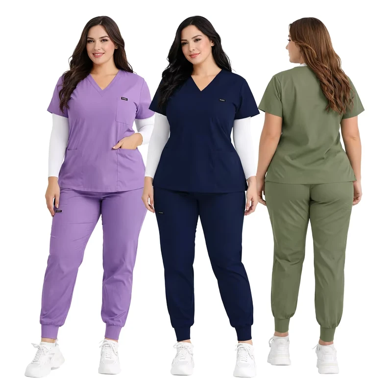 Plus-Size Women's Stretch Medical Scrub Set Brown Nurse Hospital Workwear