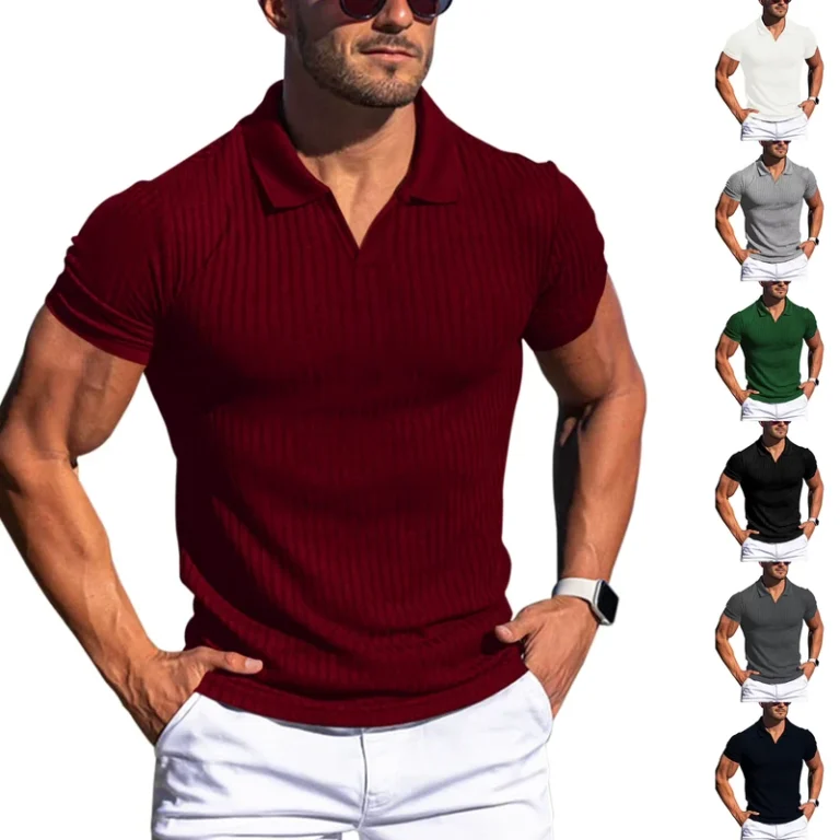 Polo-Shirt-With-a-V-neck-Collar-and-Vertical-Stripes-Short-Sleeved-Mens-T-shirt-Knitted-Polo-T-shirt