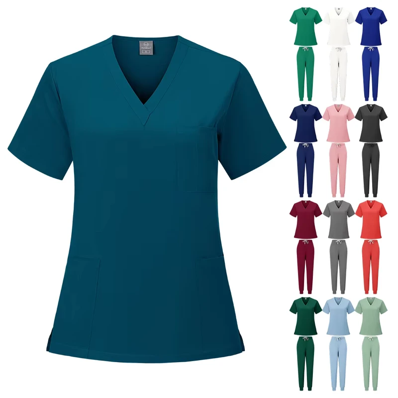 Polyester Breathable Thin Short-Sleeve Unisex V-Neck Scrub Set Quick-Drying