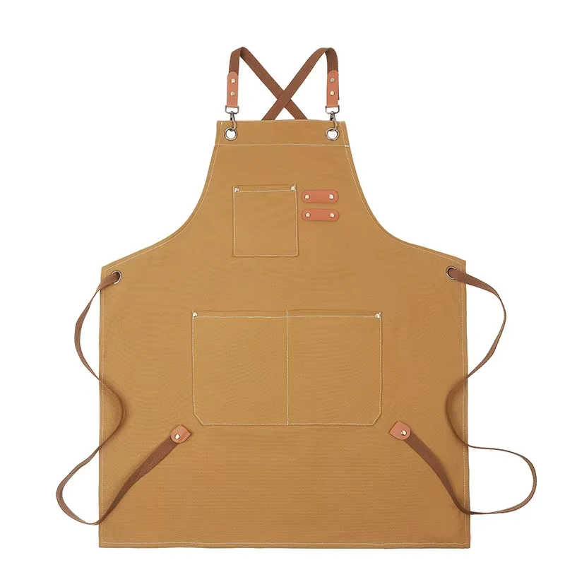 Polyester Cotton Canvas Bib Apron Waist-Level Sleeveless Adjustable Cross-Back Pockets Washable Restaurant