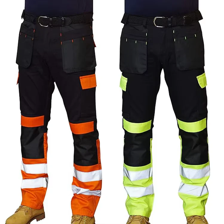 Polyester Cotton High Visibility Work Cargo Pants with Multiple Pockets Reflective Tape Hi Vis Trousers Slim Fit