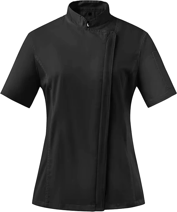Polyester-Cotton Women's Chef Coat and Uniform with Side Mesh Vent, Zipper, Short Sleeves