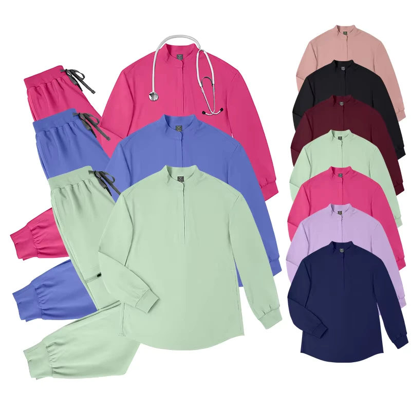 Polyester Rayon Spandex Long-Sleeve Women's Stretch Scrub Jacket and Nursing Uniform Set
