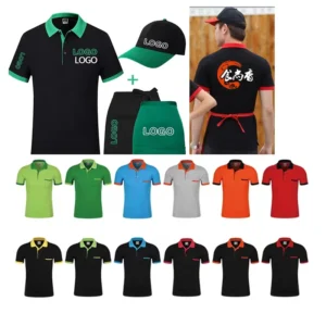Polyester Restaurant and Hotel Staff Work Polo Shirt, Custom Logo, Printing and Embroidery, Green Collar