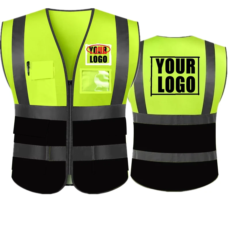 Polyester Road Traffic Safety Vest with Pockets Custom Reflective Logo ANSI Class 2 Breathable High Visibility