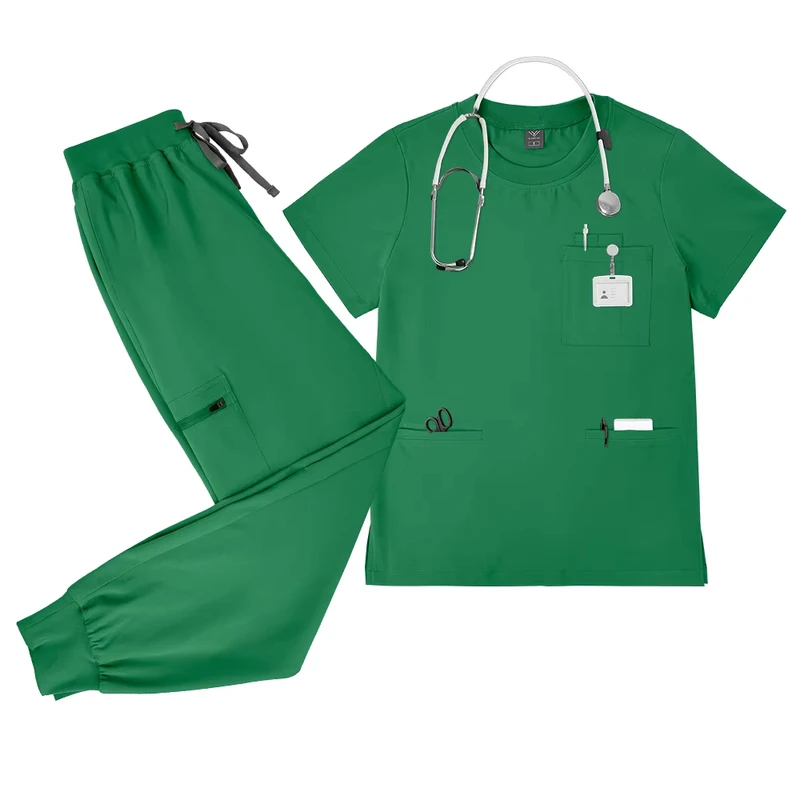 Polyester Spandex Eagle Green Round-Neck Scrub Top and Jogger Pants Medical Uniform
