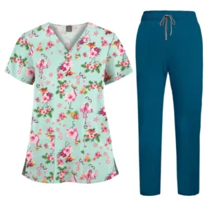Polyester Spandex Streachable Light Scrubs Uniforms Sets Nurse with Printed Cartoon Animal Scrub Top Printed