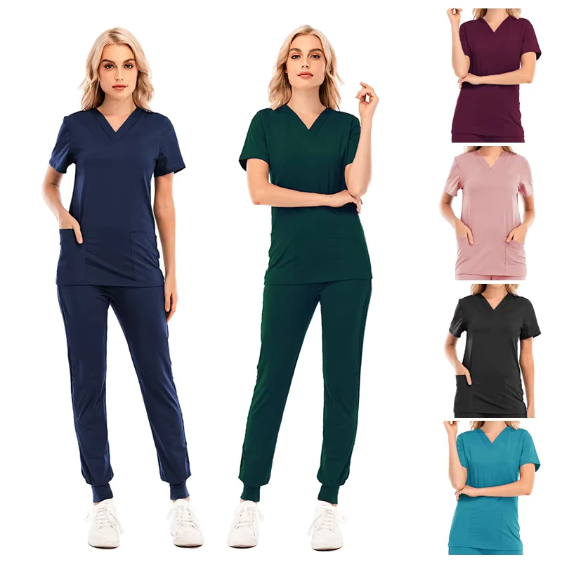 Polyester V Neck Split Custom logo Hospital Uniforms Scrubs Medical Scrubs Suits Nurse Scrub Uniform Set