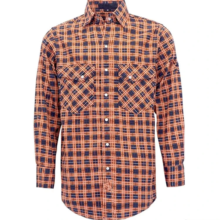Popular FR Safety Clothing Snaps Fire Retardant NFPA2112 Fashion Printed Plaid CAT2 100% Cotton Loose Fit Shirt 6.5OZ Flame