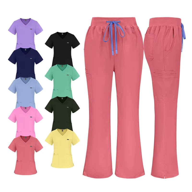 Premium Medical Scrub Suit Set Customize Hospital Nurse Uniform V Neck Slim Women Nursing Pant Top Cargo Pant Doctor Nurse Scrub