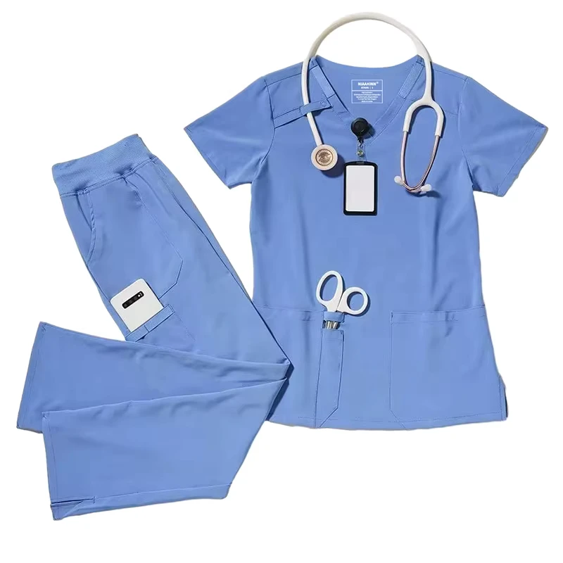 Premium Women Scrub Set V Neck Short Sleeve Elastic Comfort Medical Uniform Spandex Rayon Polyester Hospital Nursing Workwear