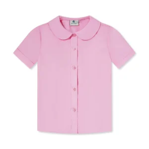 Primary School Uniform Blouse Rounded Collar Short-Sleeve Pink Easy-Iron Shirt for Girls